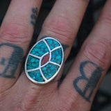 Vintage Sterling Crushed Turquoise and Coral Inlay Ring 10