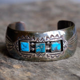 Vintage Sterling 3-Stone Turquoise Stamped Cuff Bracelet