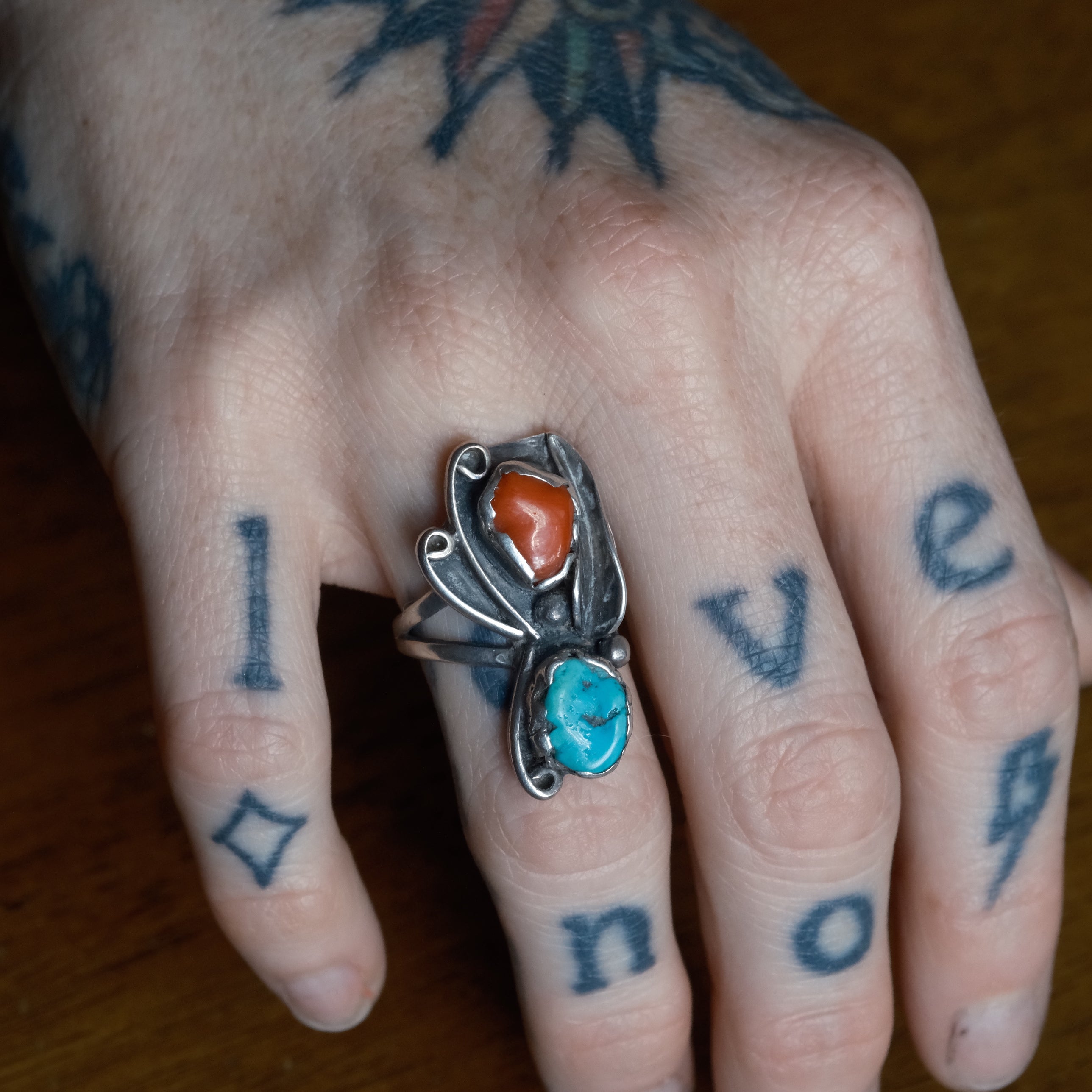 Vintage Sterling Turquoise and Coral Feather Ring 5.75