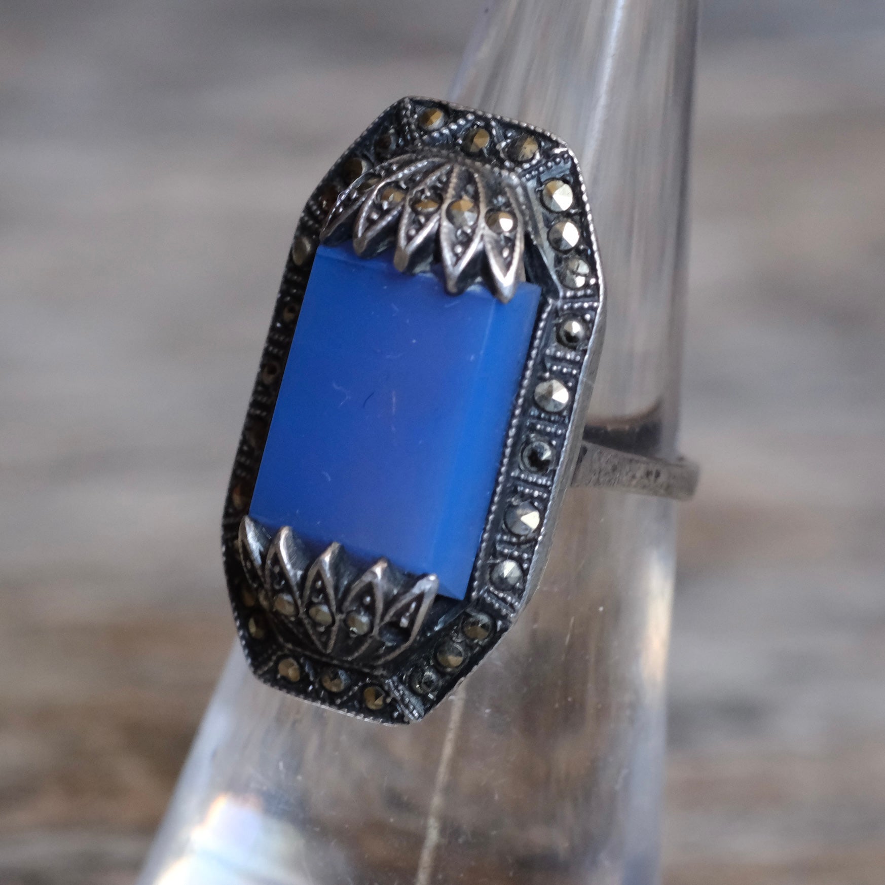 Vintage Sterling Blue Glass and Marcasite Deco Ring 4.75