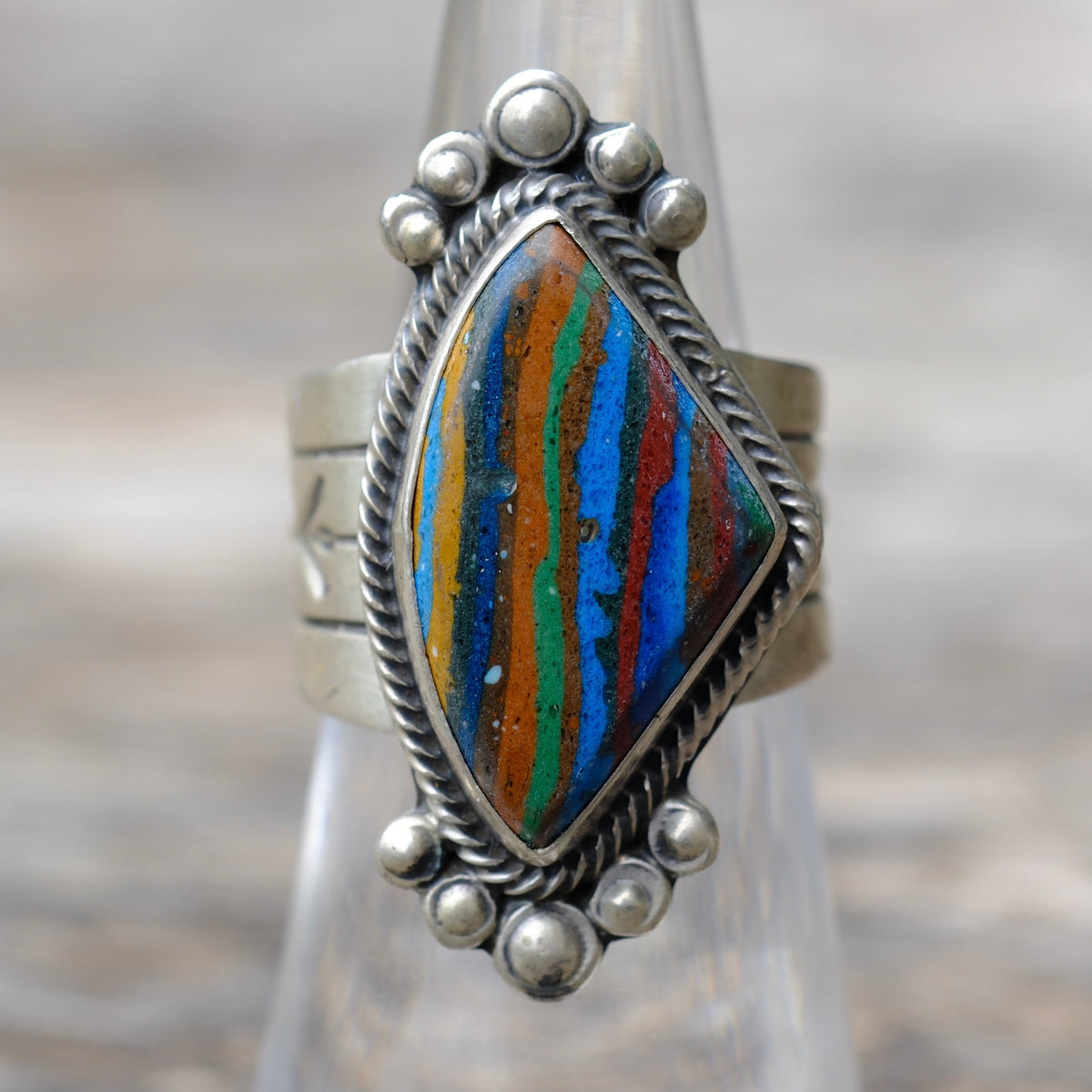 Vintage Sterling Rainbow Calsillica Ring 6