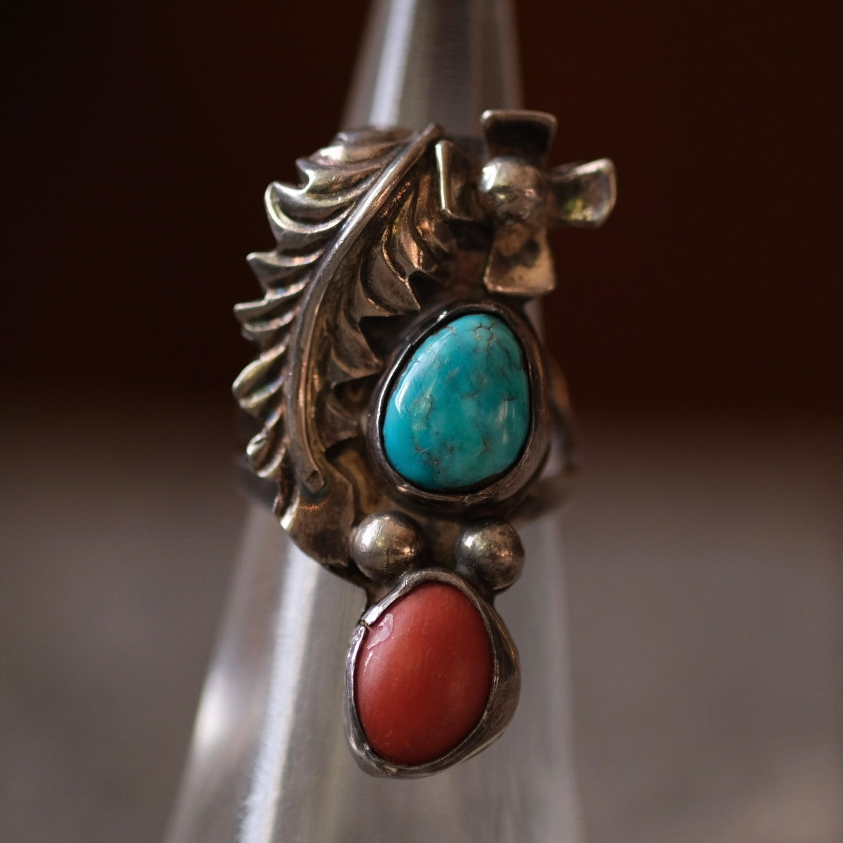 Vintage Sterling Turquoise and Coral Feather Ring 5