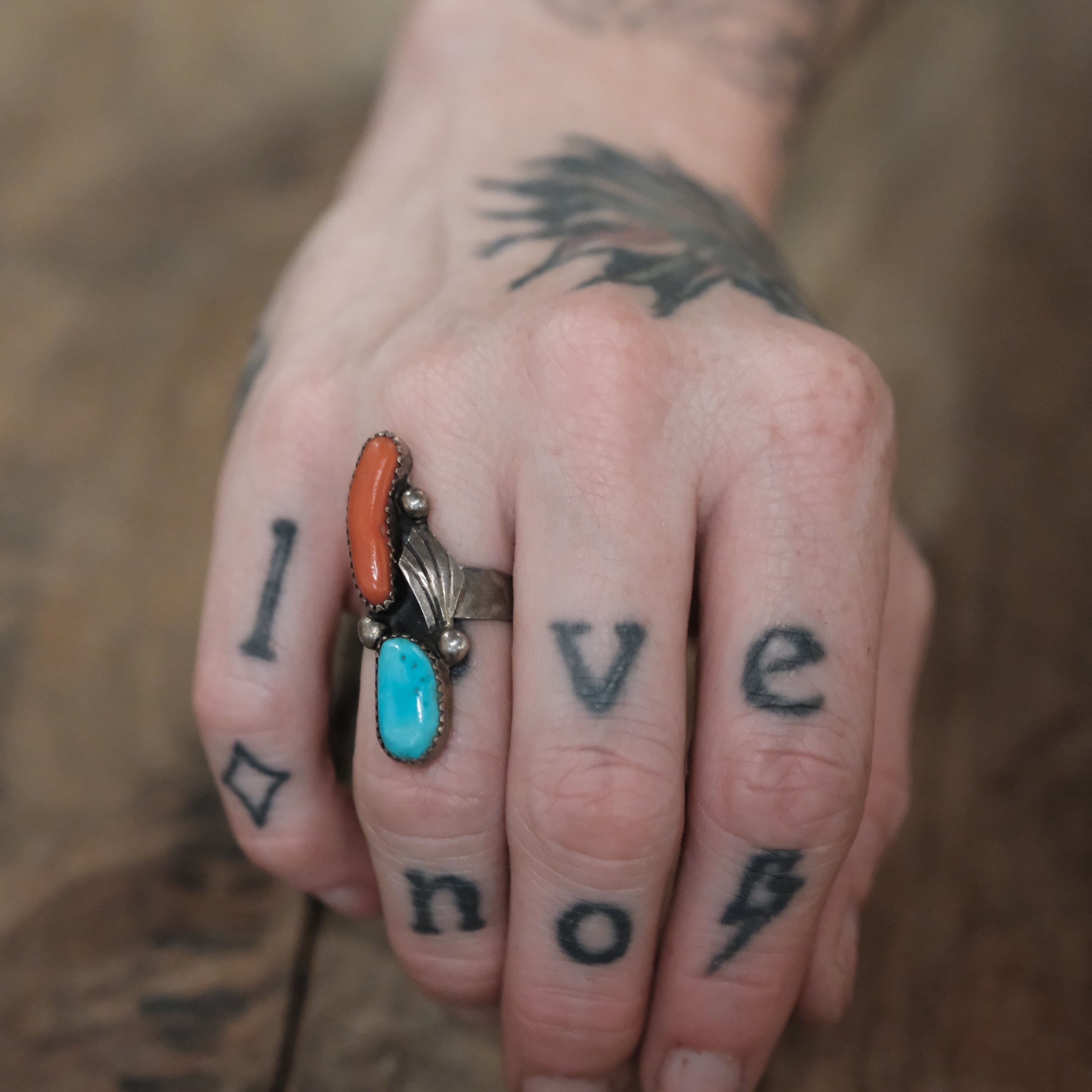 Vintage Sterling Turquoise and Coral Feather Ring 6