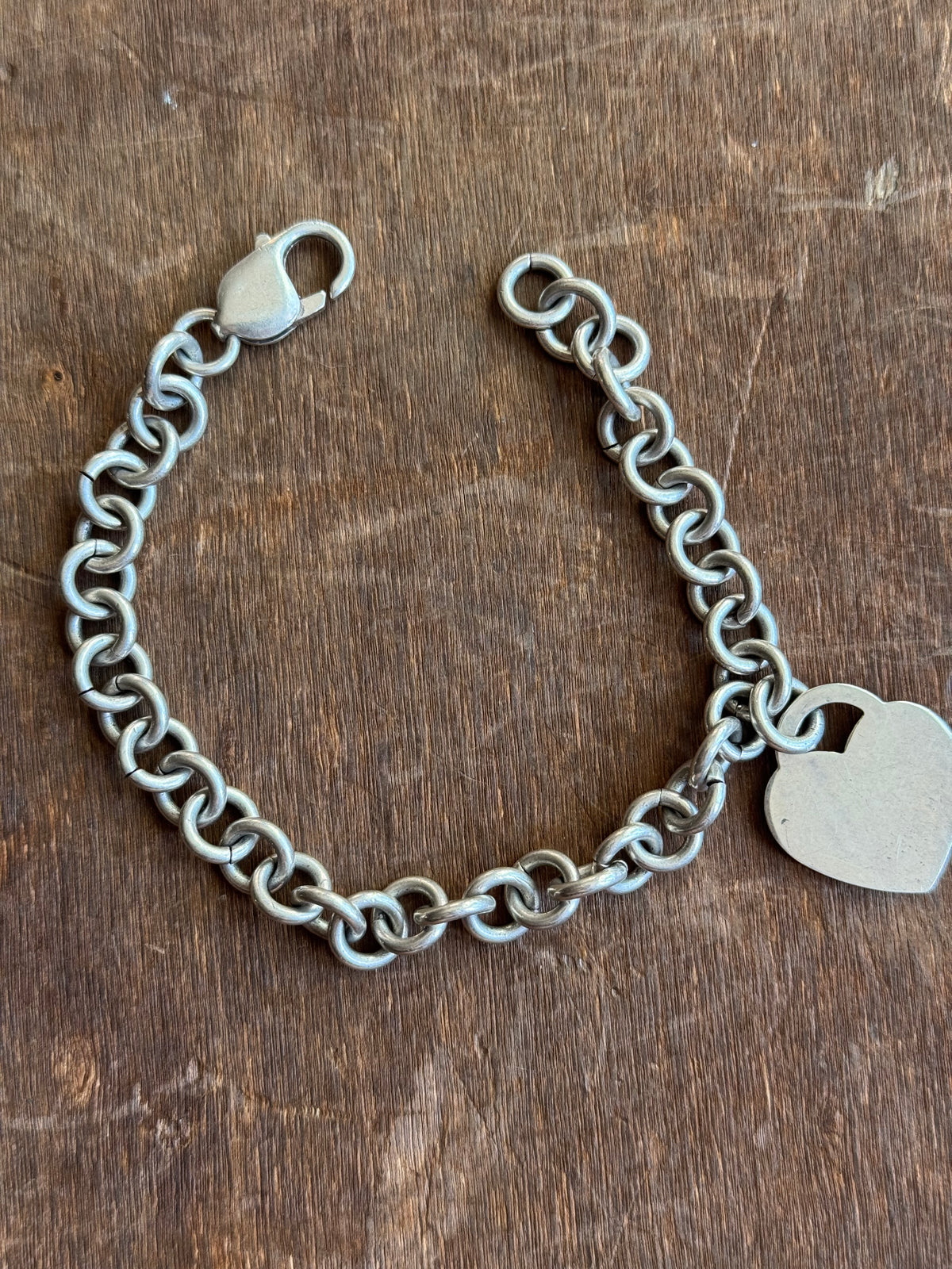 Vintage Sterling Silver 7.5” Cable Heart Tag Chain Bracelet