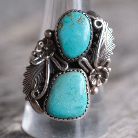 Vintage Sterling 2-Stone Turquoise Feather Ring 9.5