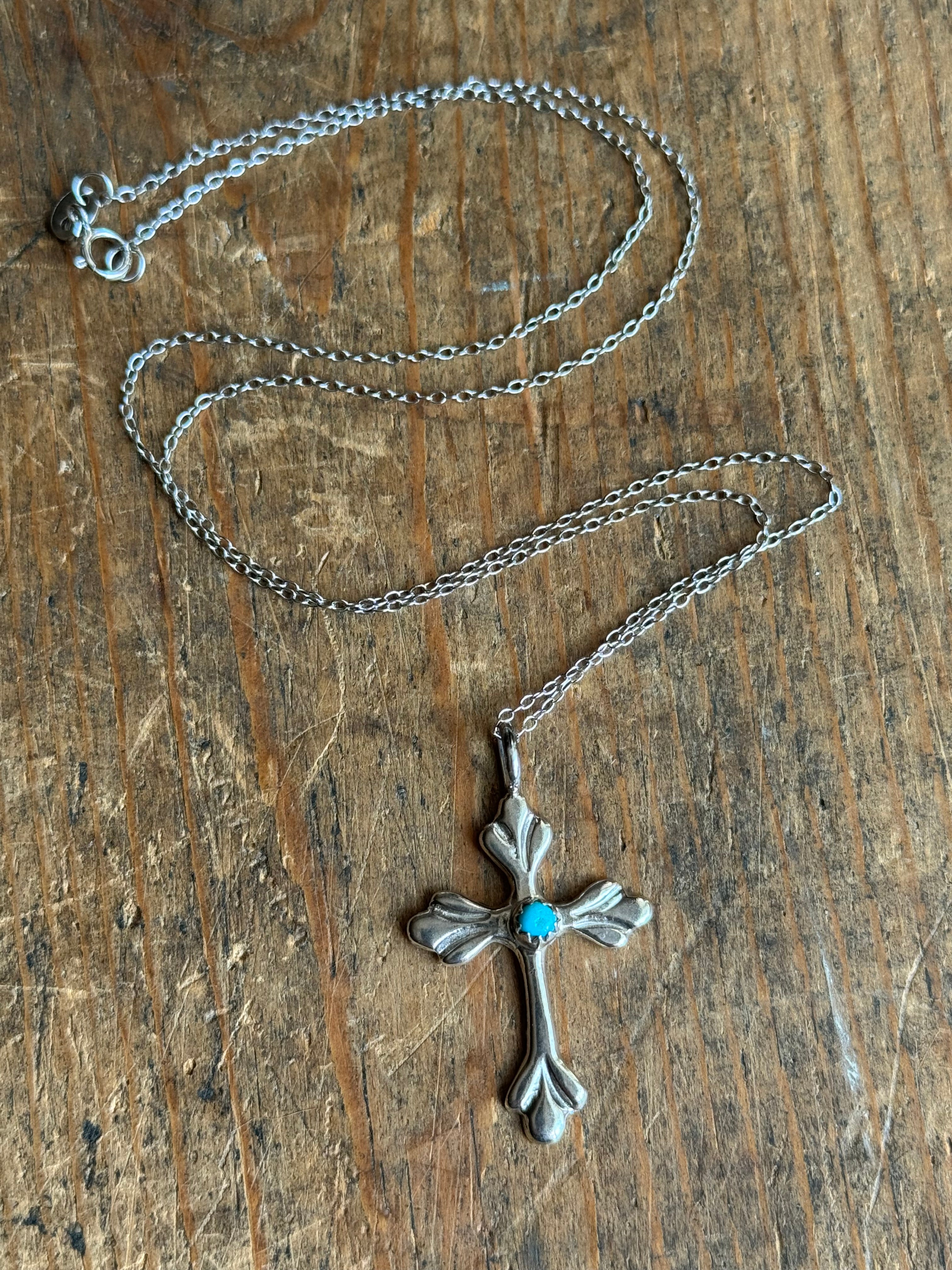 Vintage Sterling Silver Turquoise Cross 18" Necklace