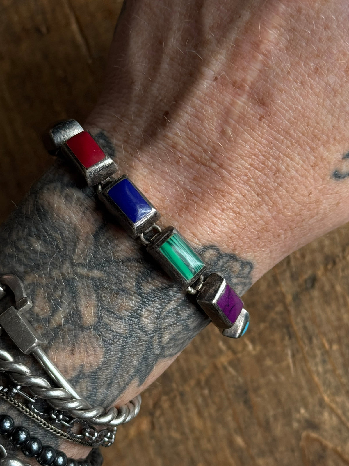 Vintage Sterling Silver Multistone Inlay Square Toggle Bracelet