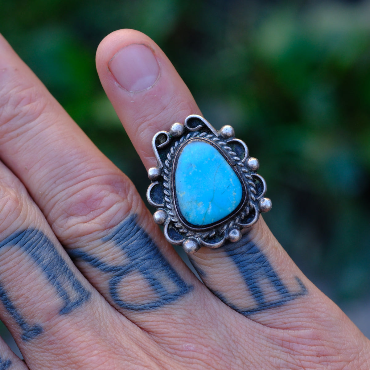 Vintage Sterling Turquoise Florette Ring 4.25