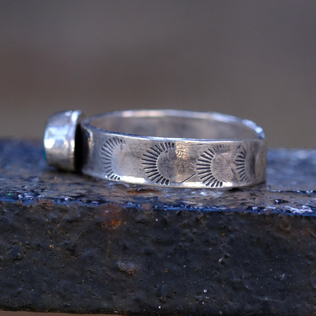 Sterling Silver Lone Mountain Turquoise Stamped Band Ring 10.25