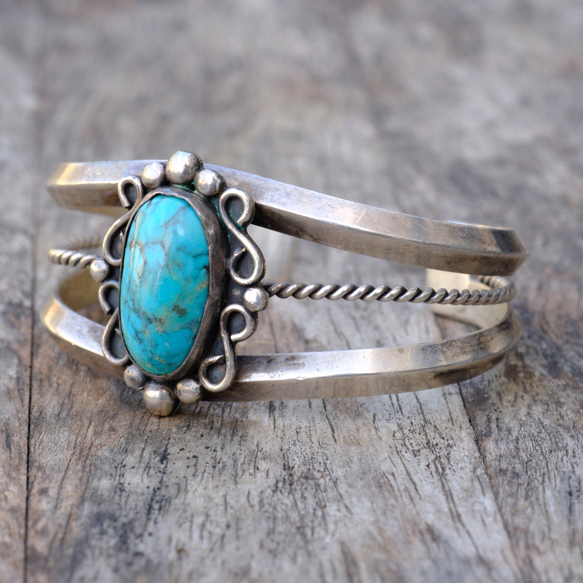Vintage Sterling Turquoise Florette Cuff Bracelet