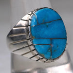 Vintage Sterling Turquoise Inlay Ribbed Band Ring 11.25