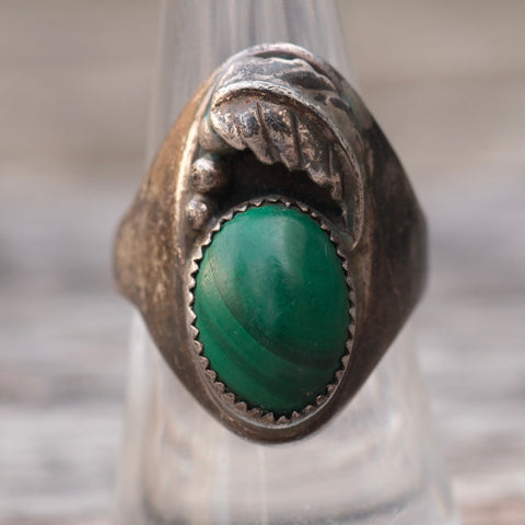 Vintage Sterling Malachite Feather Ring 7.75