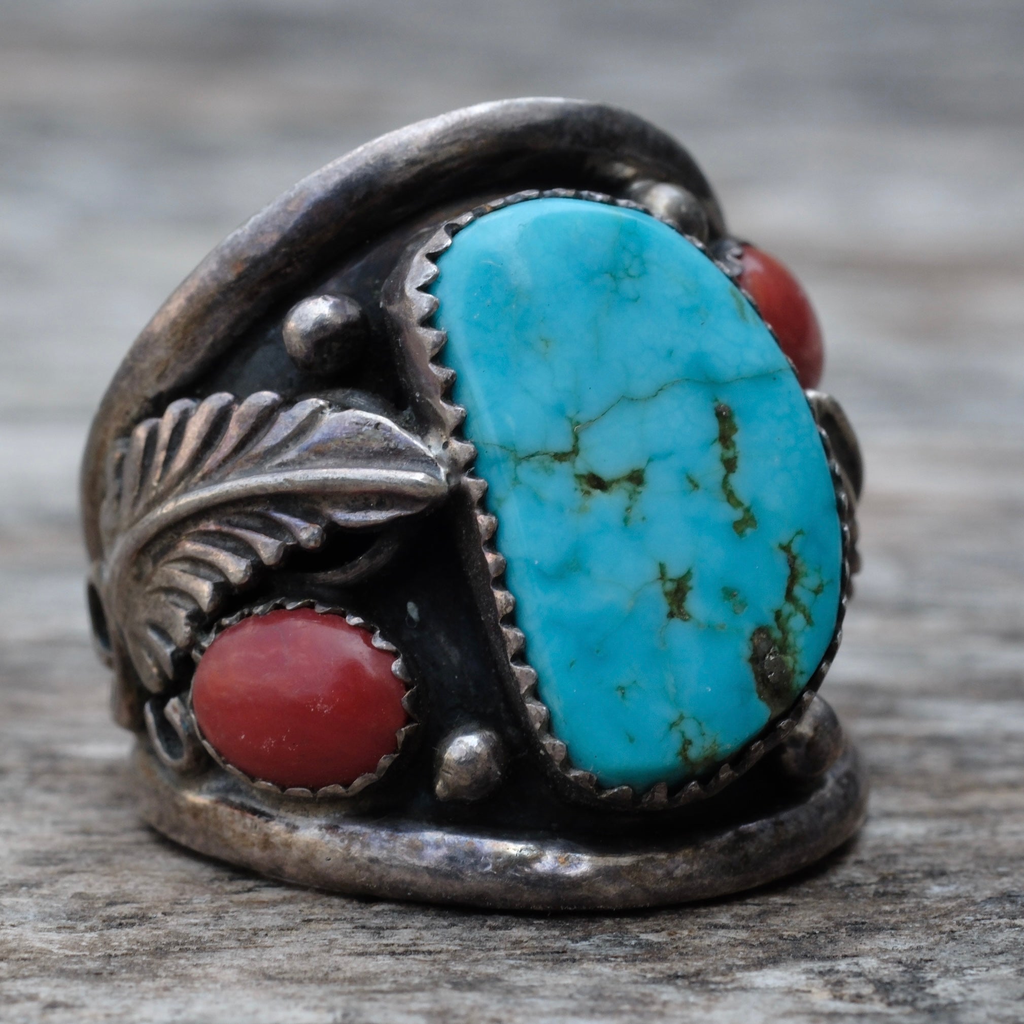 Vintage Sterling Turquoise and Coral Feather Ring 11