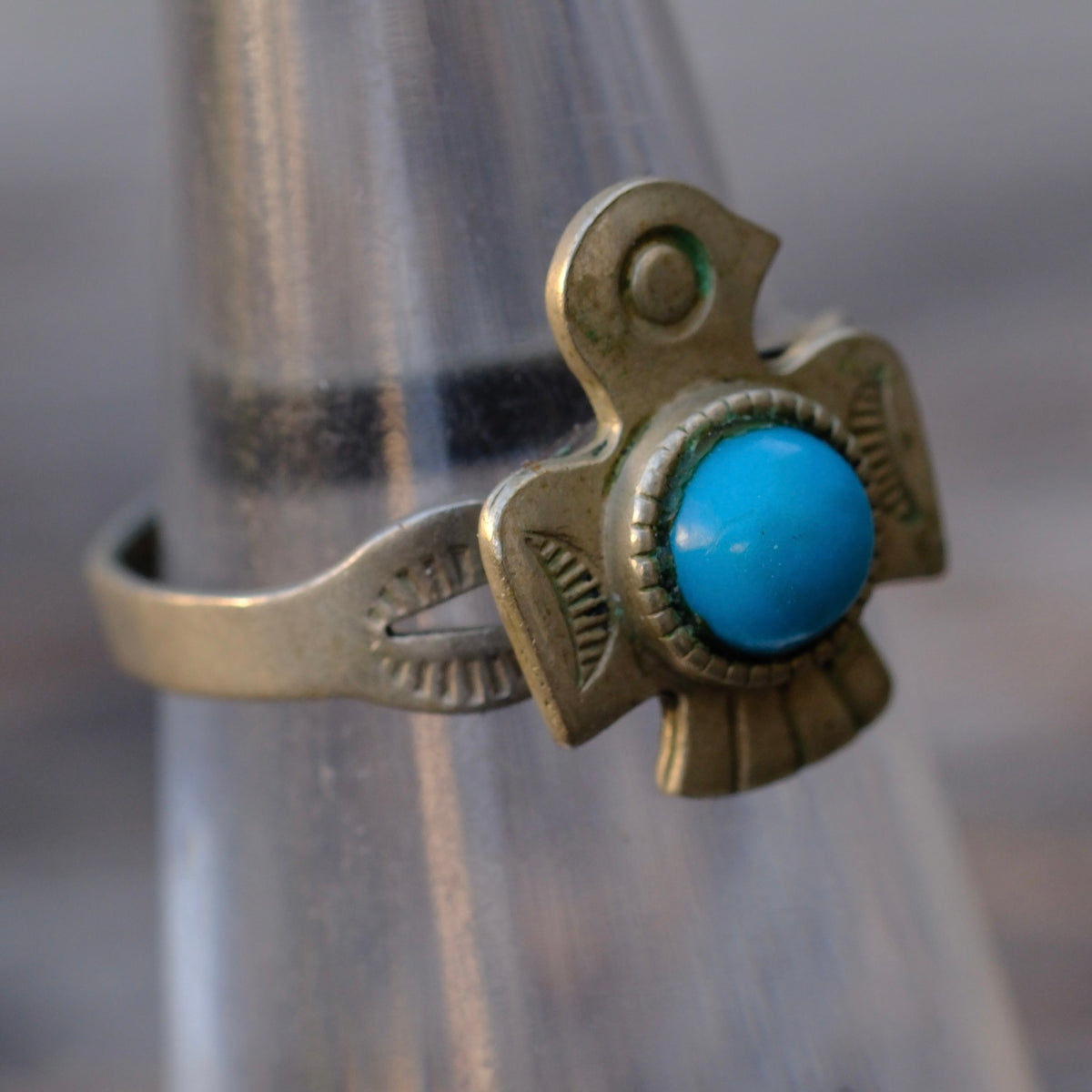 Vintage Sterling Turquoise Thunderbird Ring 4.5