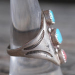 Vintage Sterling Turquoise and Coral Stamped Band Ring 10.5