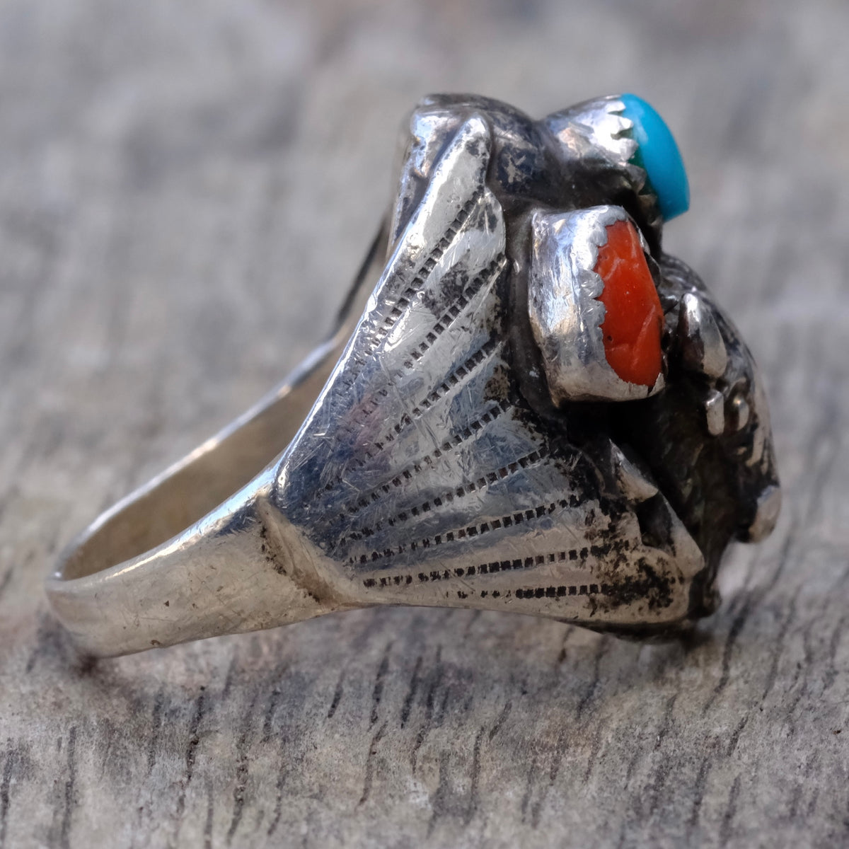 Vintage Sterling Turquoise and Coral Buffalo Ring 10.5