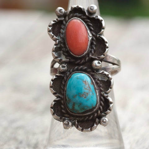 Vintage Sterling Turquoise and Coral Ring 6.25