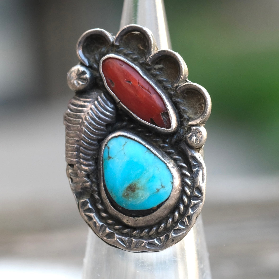 Vintage Sterling Turquoise and Coral Feather Ring 2.5