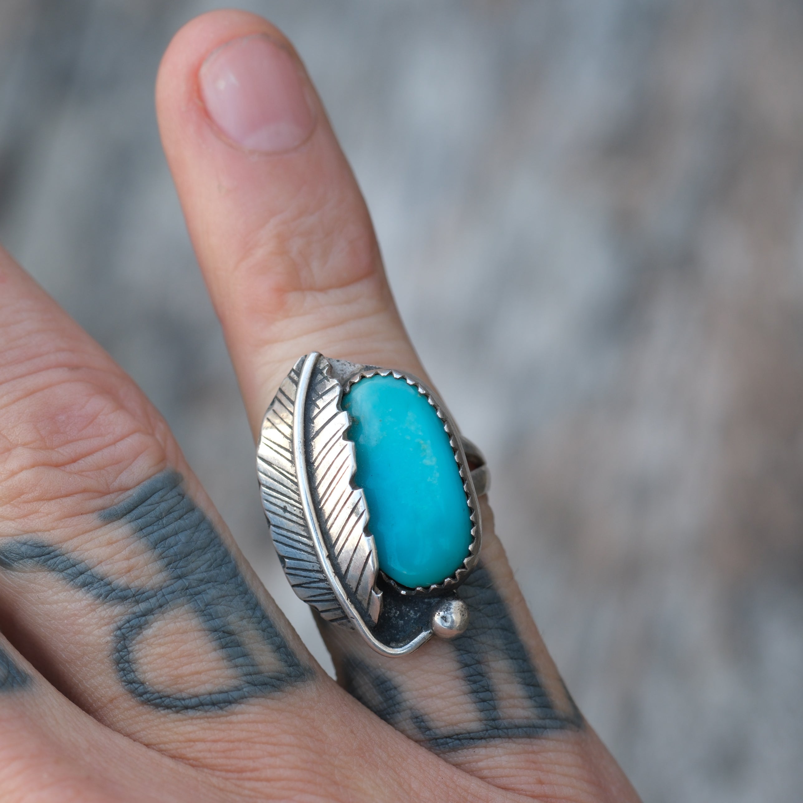 Vintage Sterling Turquoise Feather Ring 5.5