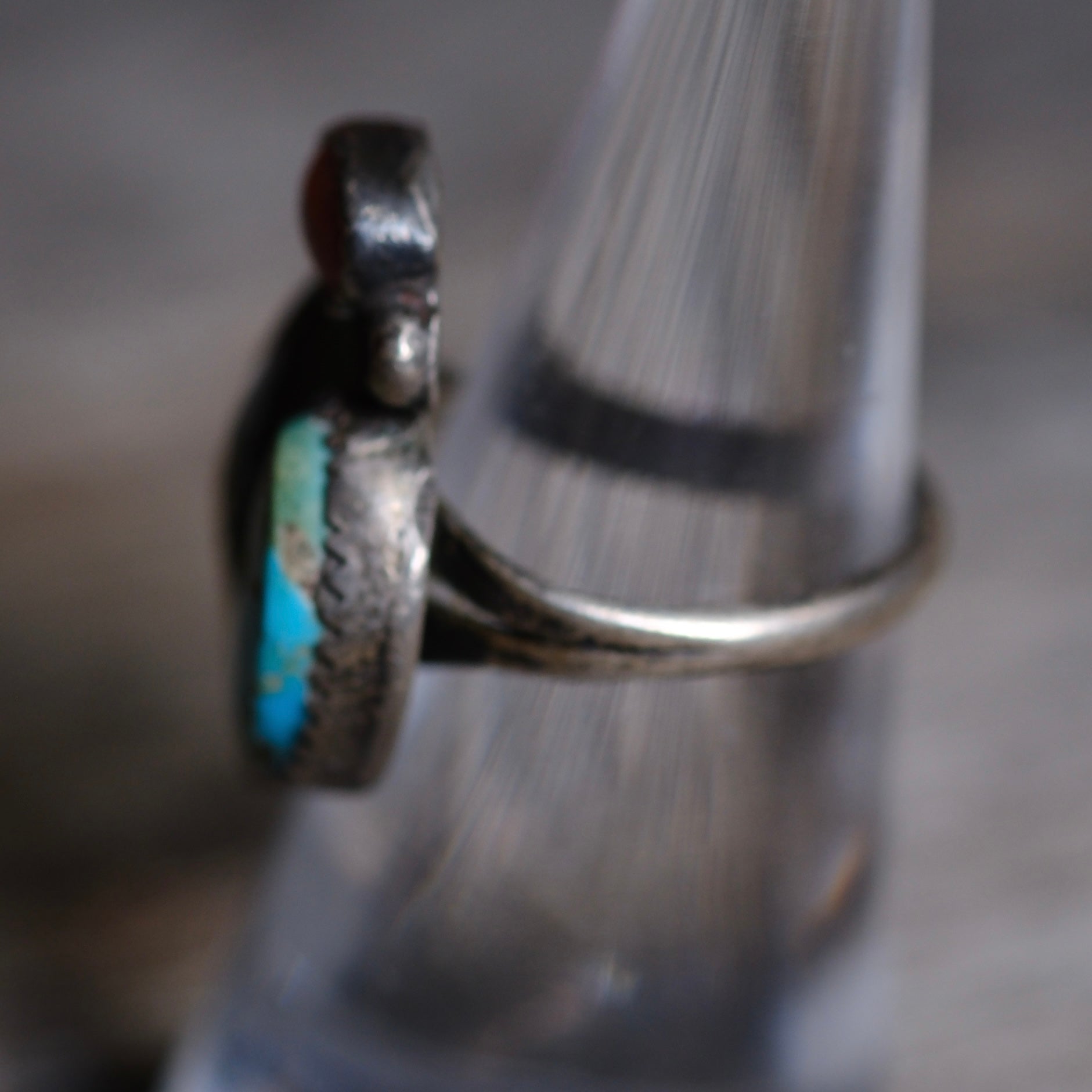 Vintage Sterling Turquoise and Coral Feather Ring 6.5