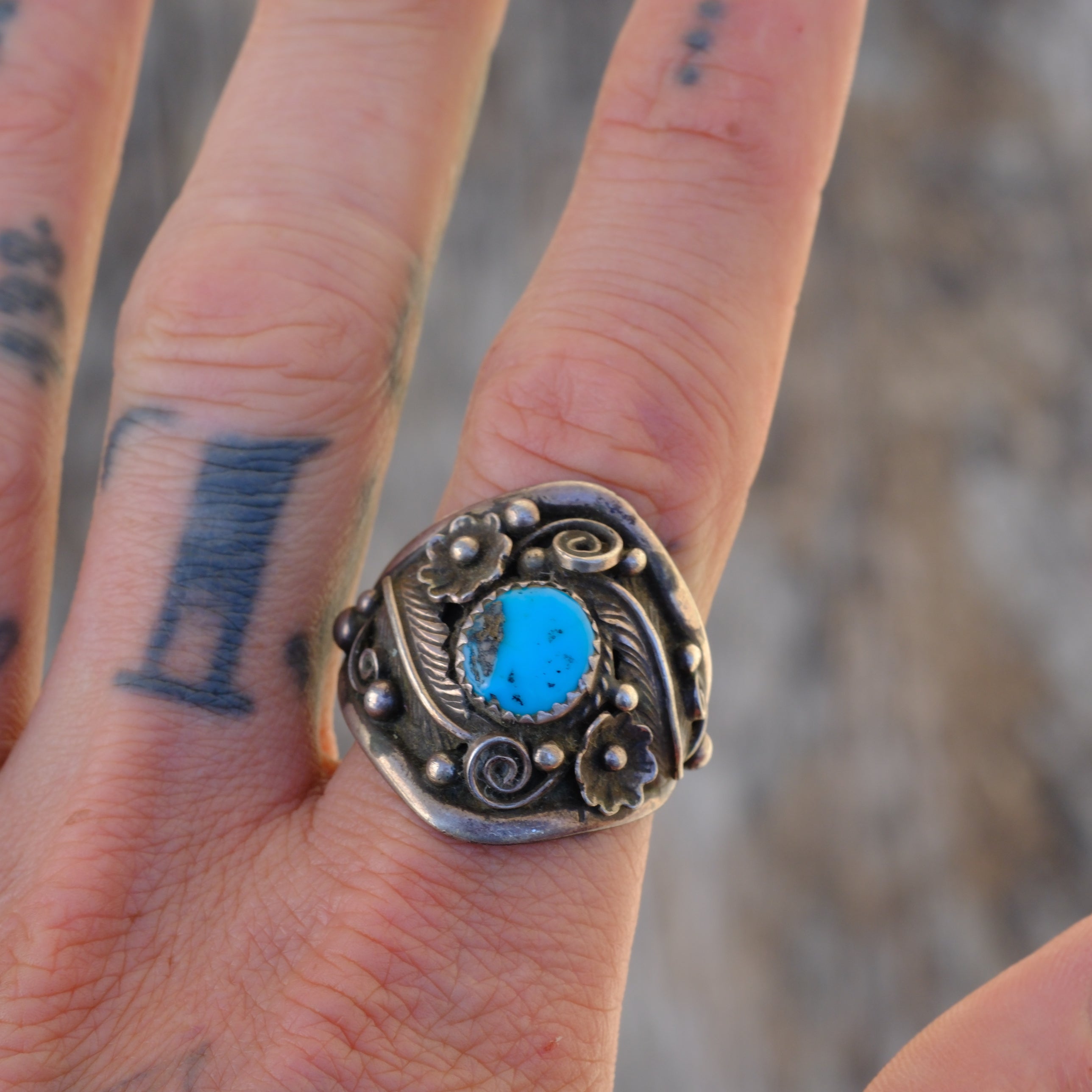 Vintage Sterling Turquoise Feather Ring 11.5