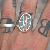 Vintage Sterling Turquoise and Coral Inlay Ring 9.75