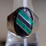 Vintage Sterling Onyx and Malachite Inlay Striper Ring 10