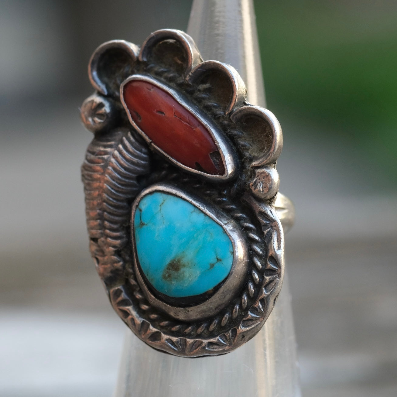 Vintage Sterling Turquoise and Coral Feather Ring 2.5