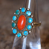 Vintage Sterling Turquoise and Coral Cluster Ring 5.75