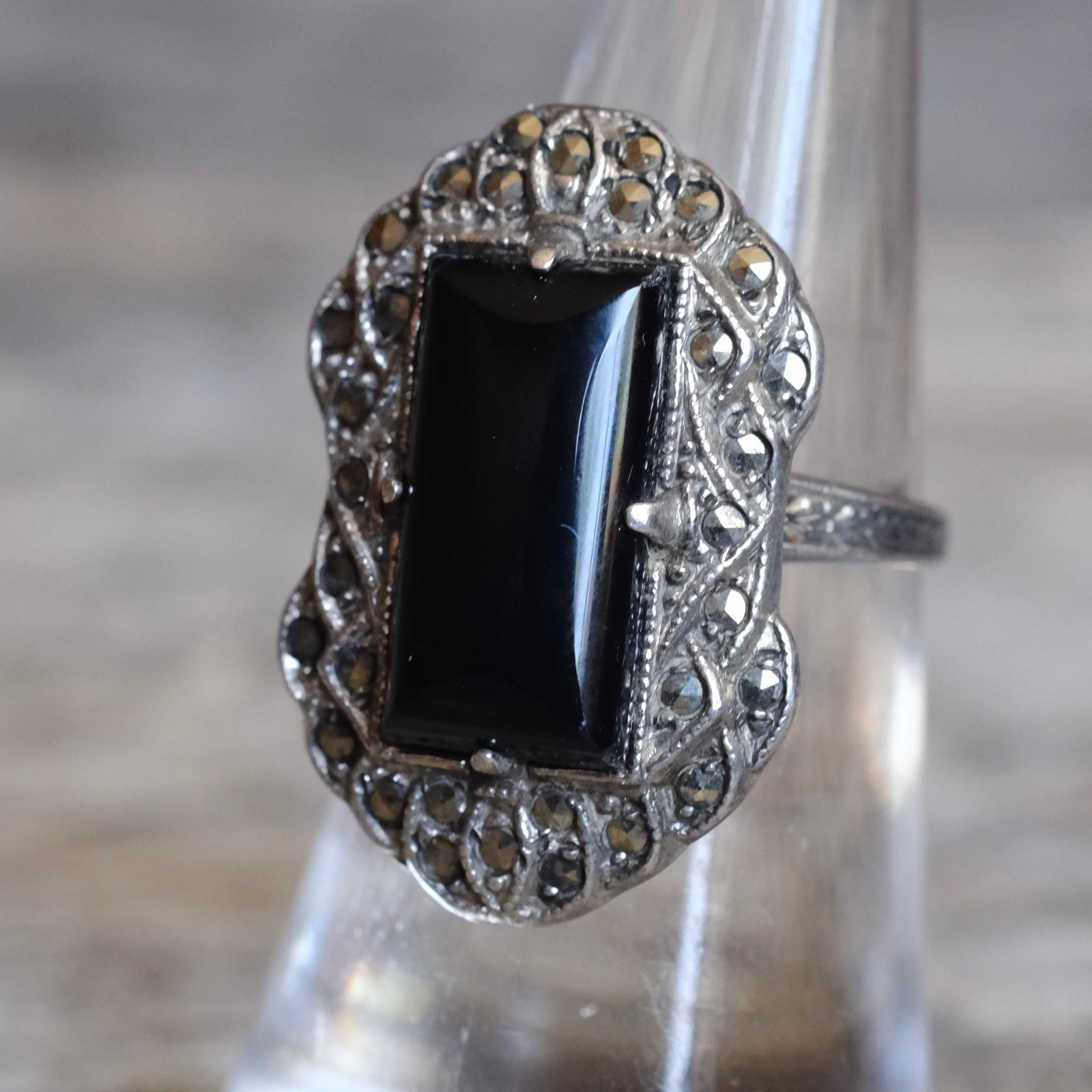Vintage Sterling Onyx Marcasite Ring 6.75
