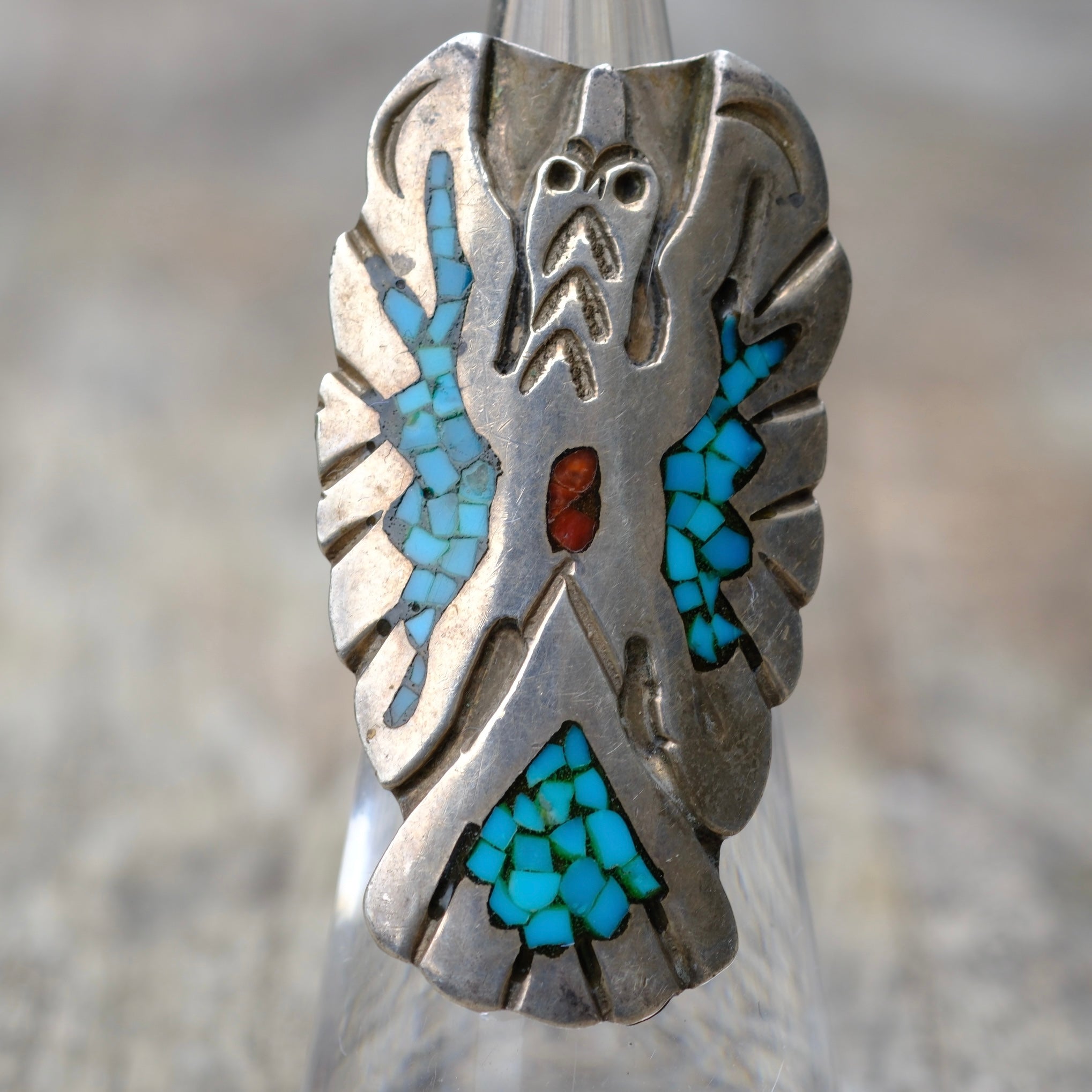 Vintage Sterling Turquoise and Coral Peyote Bird Ring 4.75