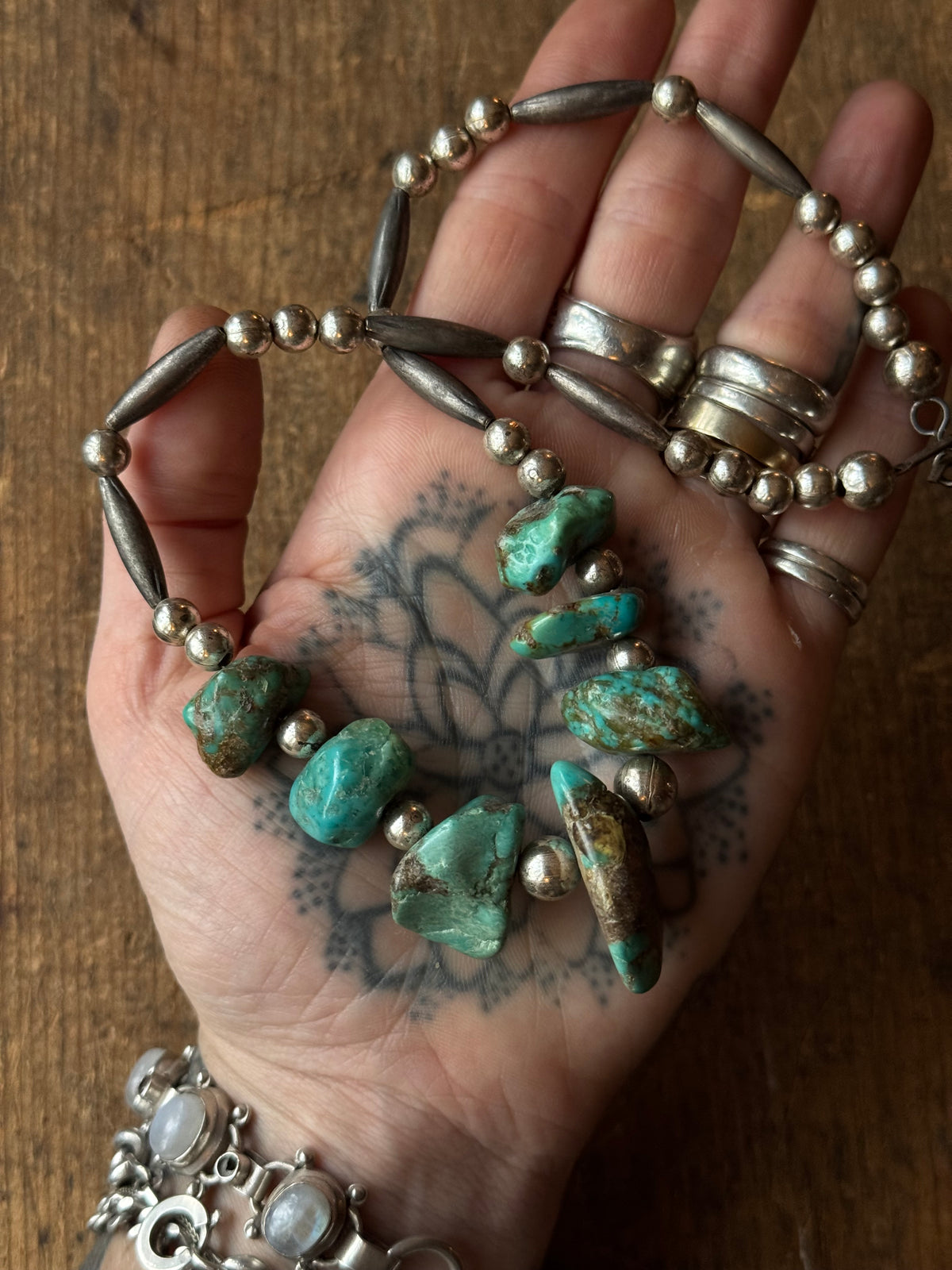 Vintage Sterling Silver Pawn Bead & Chunky Raw Turquoise Choker Necklace