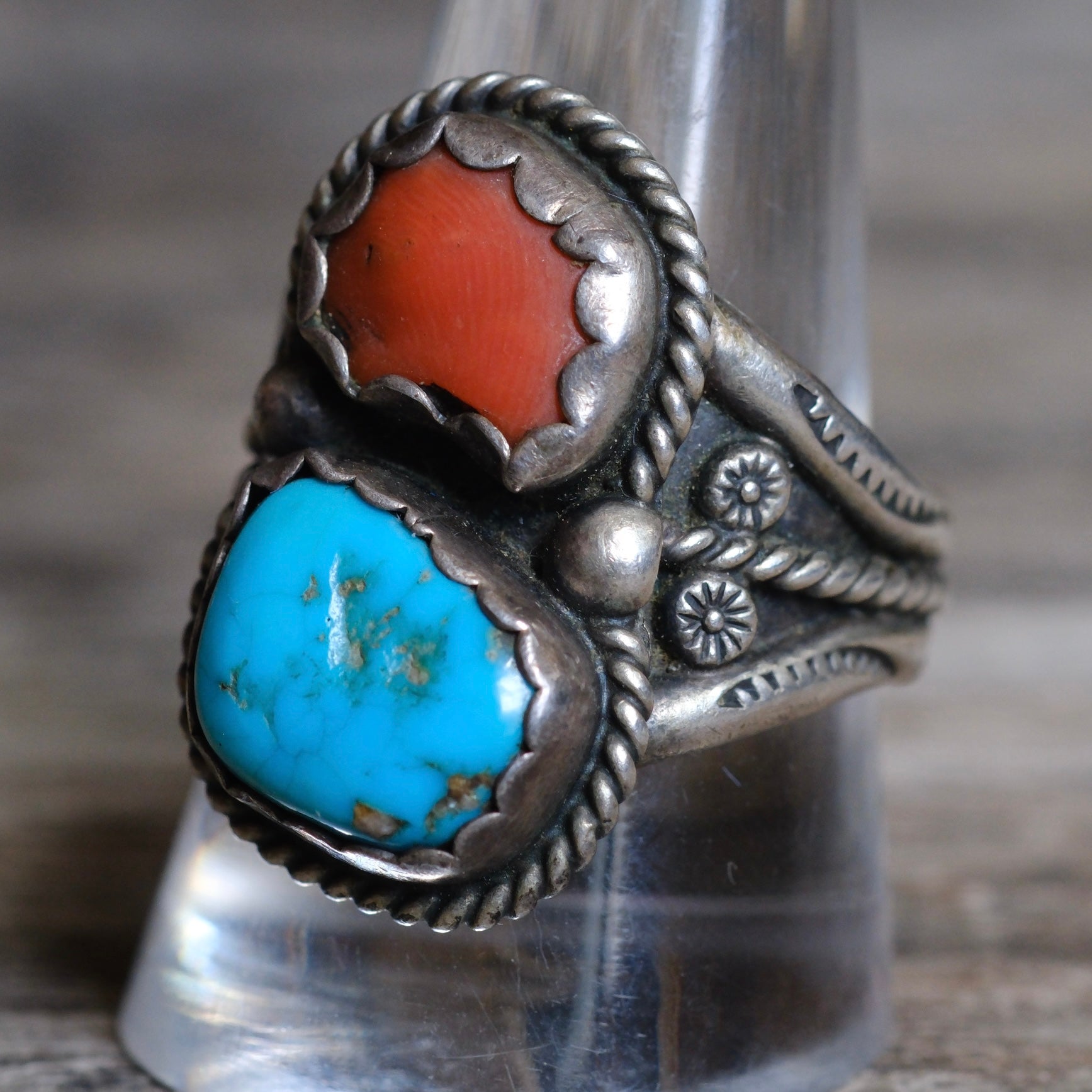 Vintage Sterling Turquoise and Coral Roper Ring 10.75