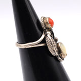 Vintage Sterling Mother OF Pearl and Coral Feather Ring 3.75