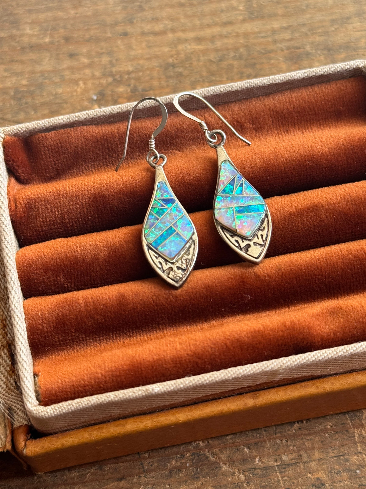 Vintage Sterling Silver Galaxy Opal Inlay Shield Earrings