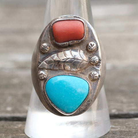 Vintage Sterling Turquoise and Coral Feather Ring 10.25