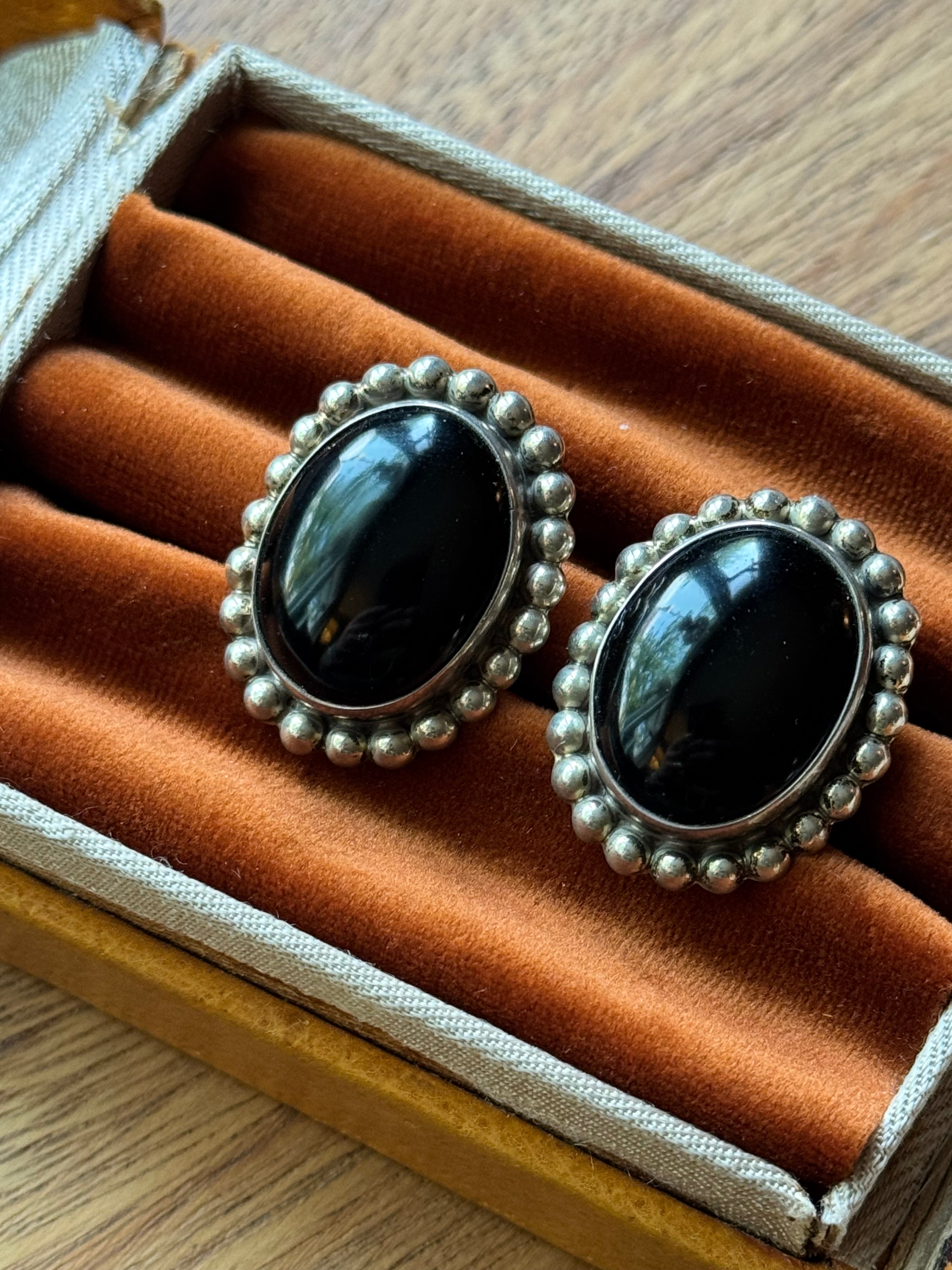 Vintage Sterling Silver Onyx Beaded Earrings