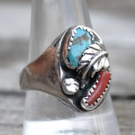 Vintage Sterling Turquoise and Coral Feather Ring 11.5