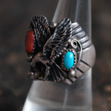 Vintage Sterling Turquoise and Coral Eagle Ring 8.5