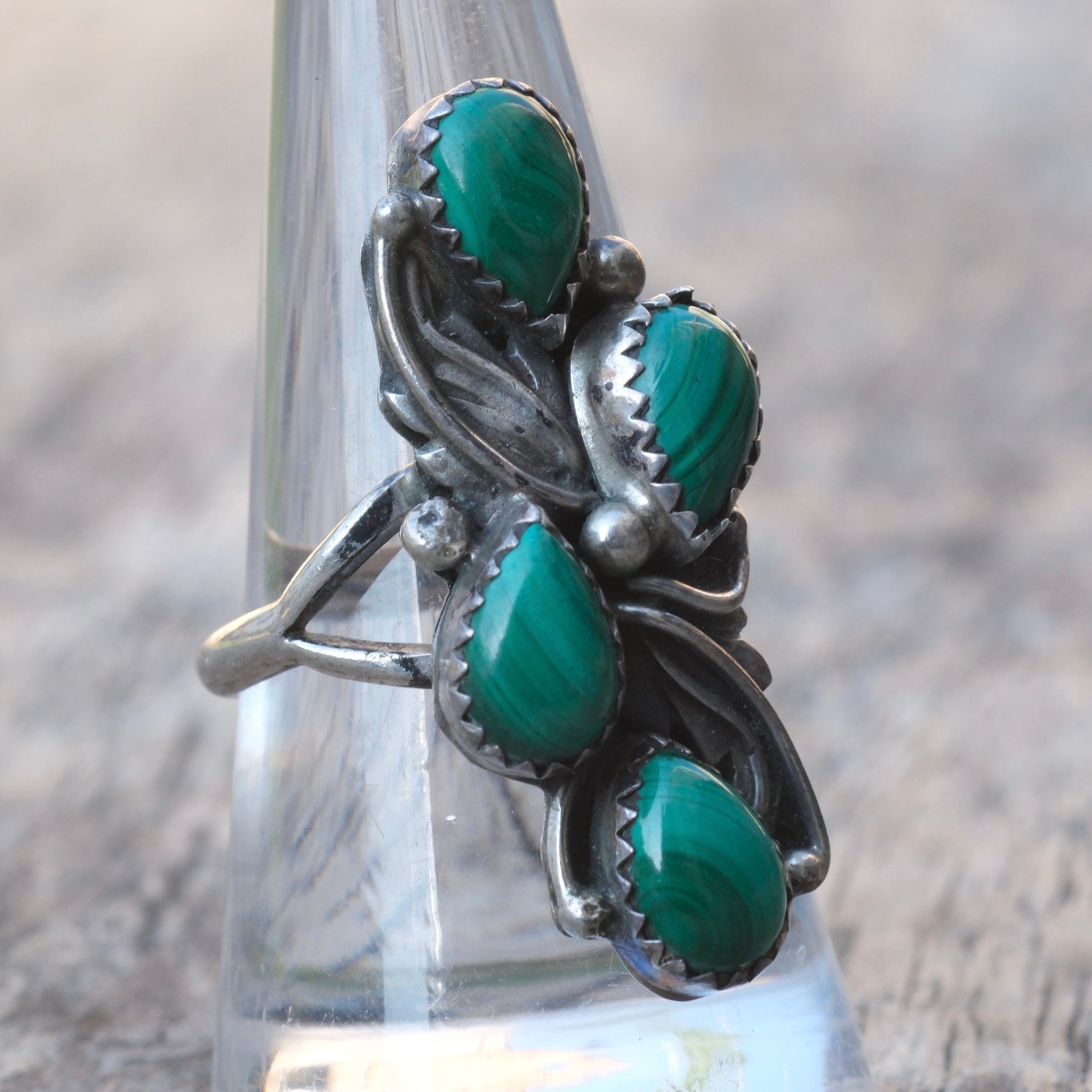 Vintage Sterling 4-Stone Malachite Ring 8.5