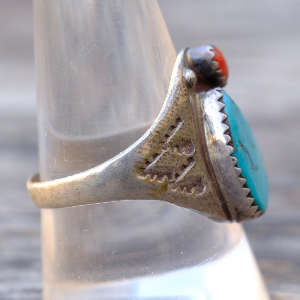Vintage Sterling Turquoise and Coral Stamped Band Ring 10.25