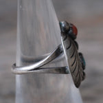 Vintage Sterling Turquoise and Coral Feather Ring 6.5