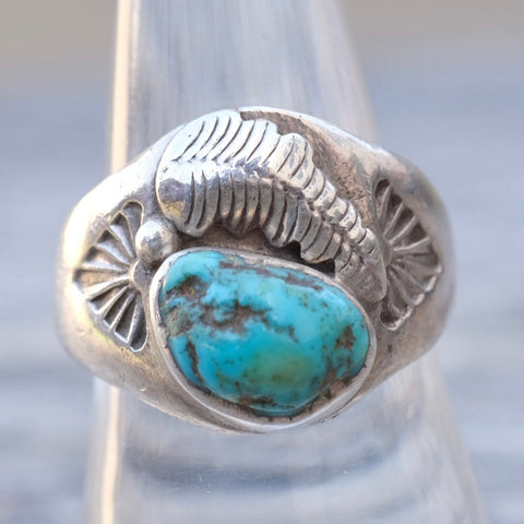 Vintage Sterling Turquoise Feather  Ring 8.5