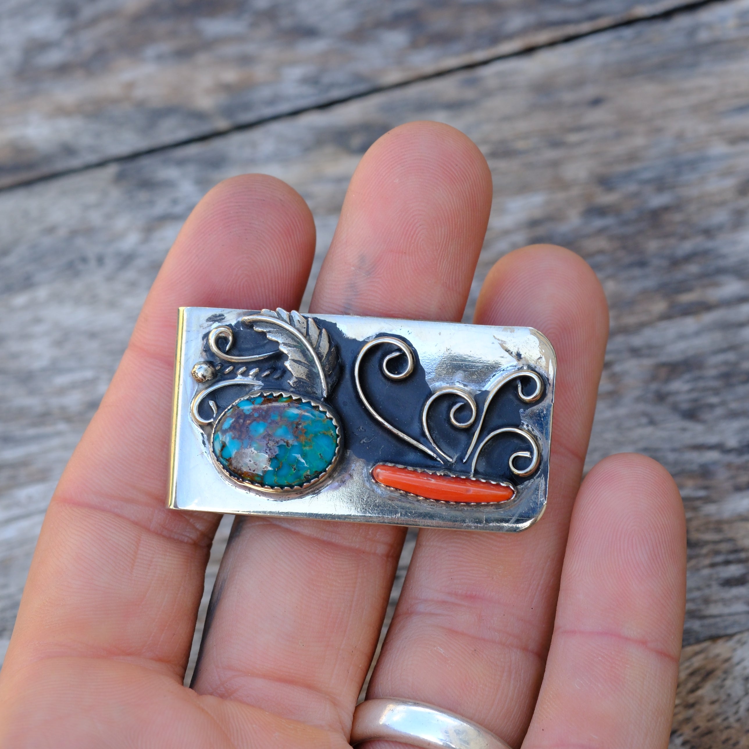 Vintage Turquoise and Coral Feather Money Clip
