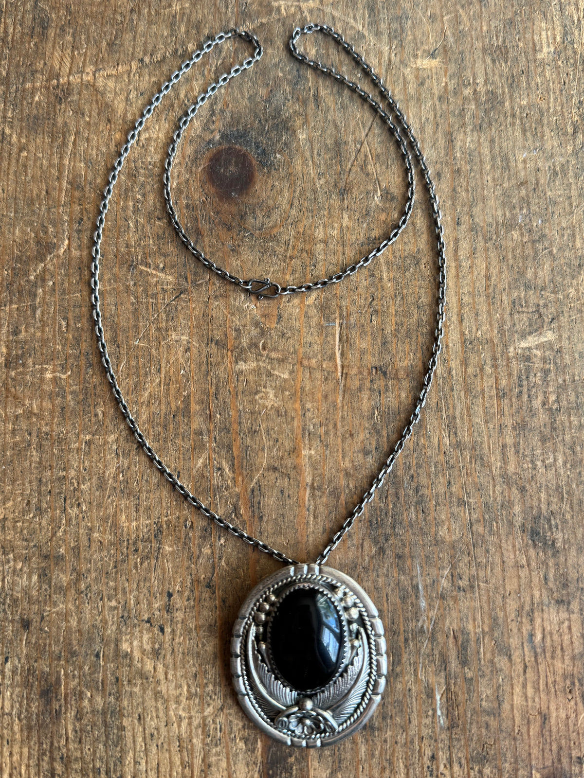 Vintage Sterling Silver Onyx Leaf Necklace