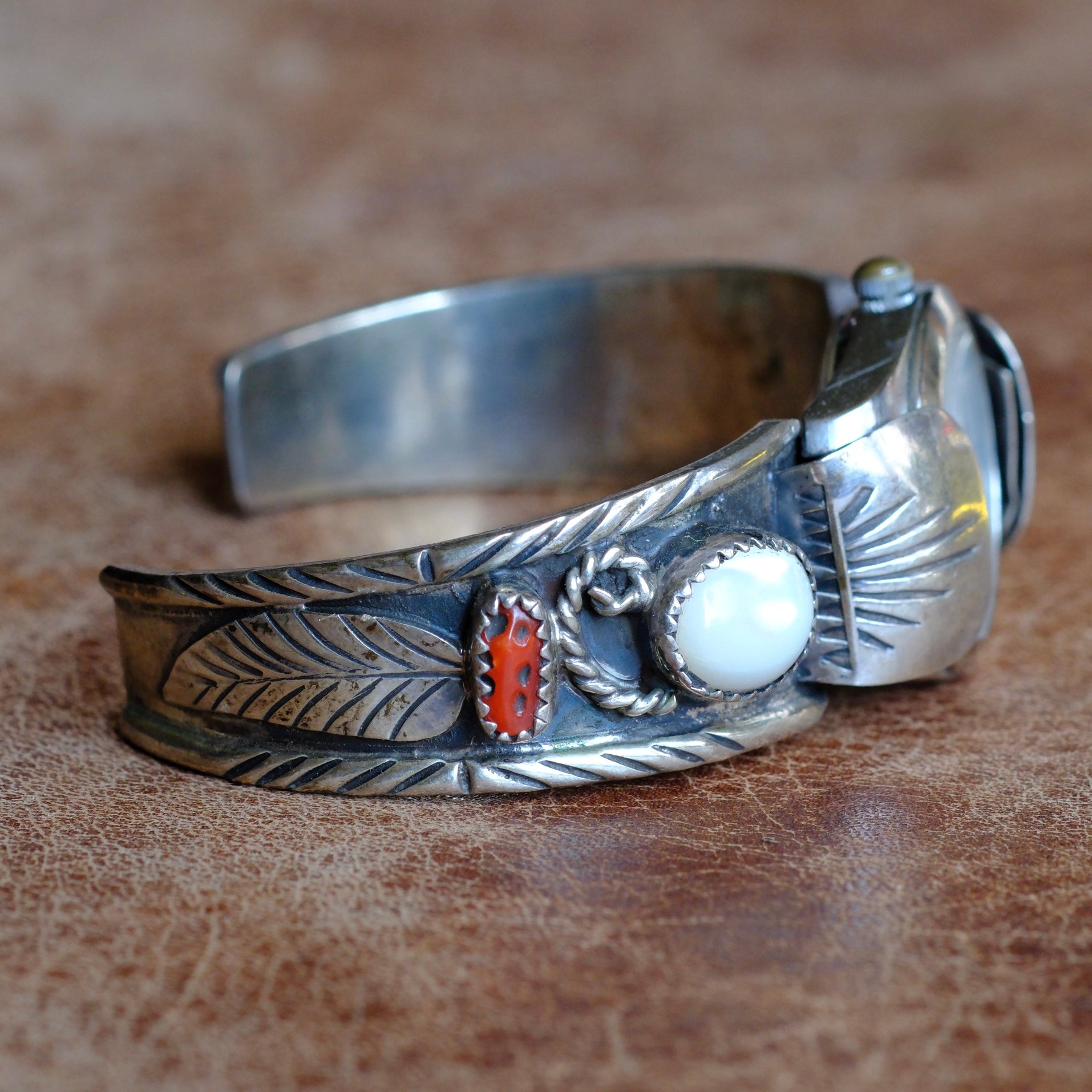 Vintage Sterling Mother Of Pearl and Coral Watch Cuff Bracelet