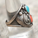Vintage Sterling Turquoise and Coral Feather Ring 10.5