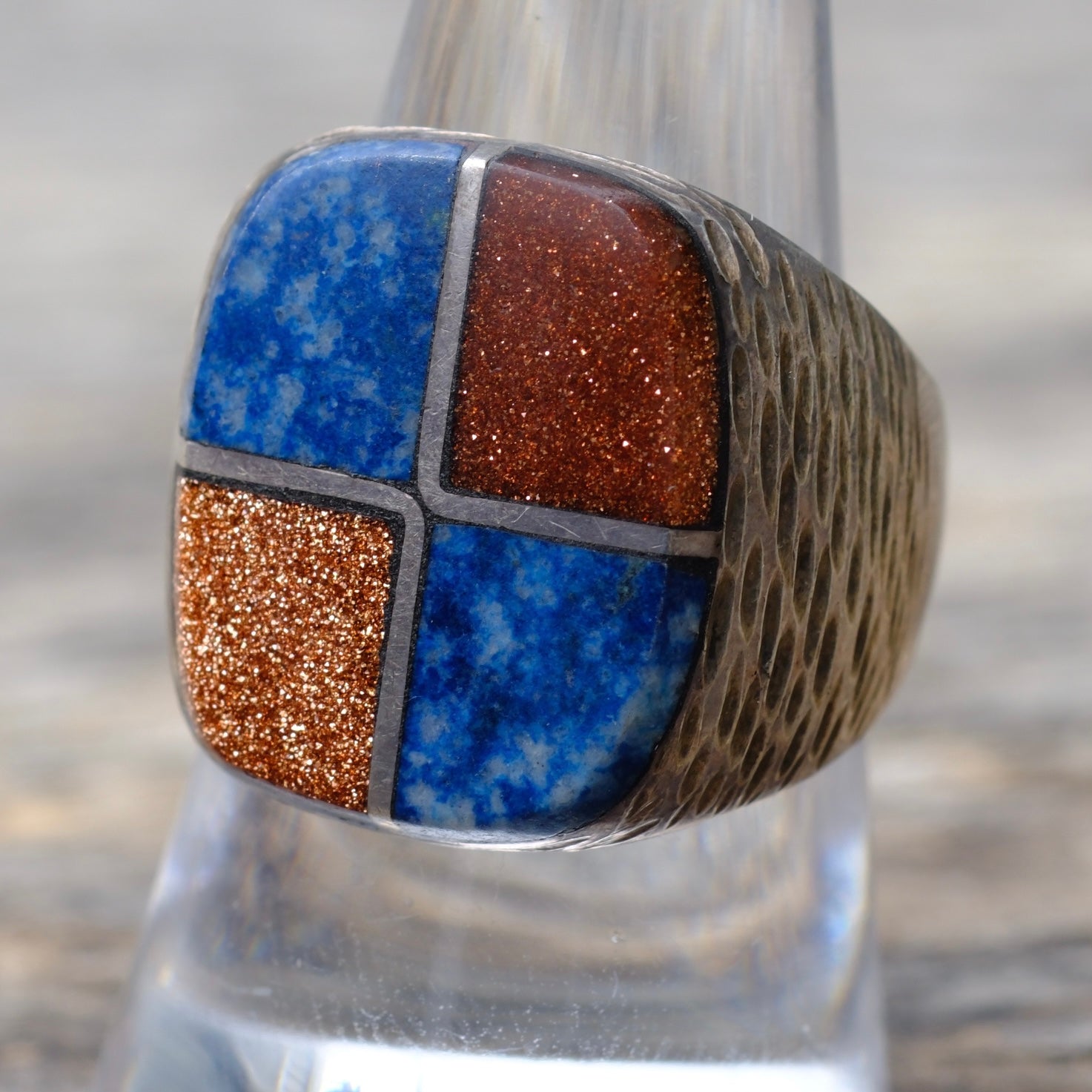 Vintage Sterling Lapis and Goldstone Inlay Ring 9
