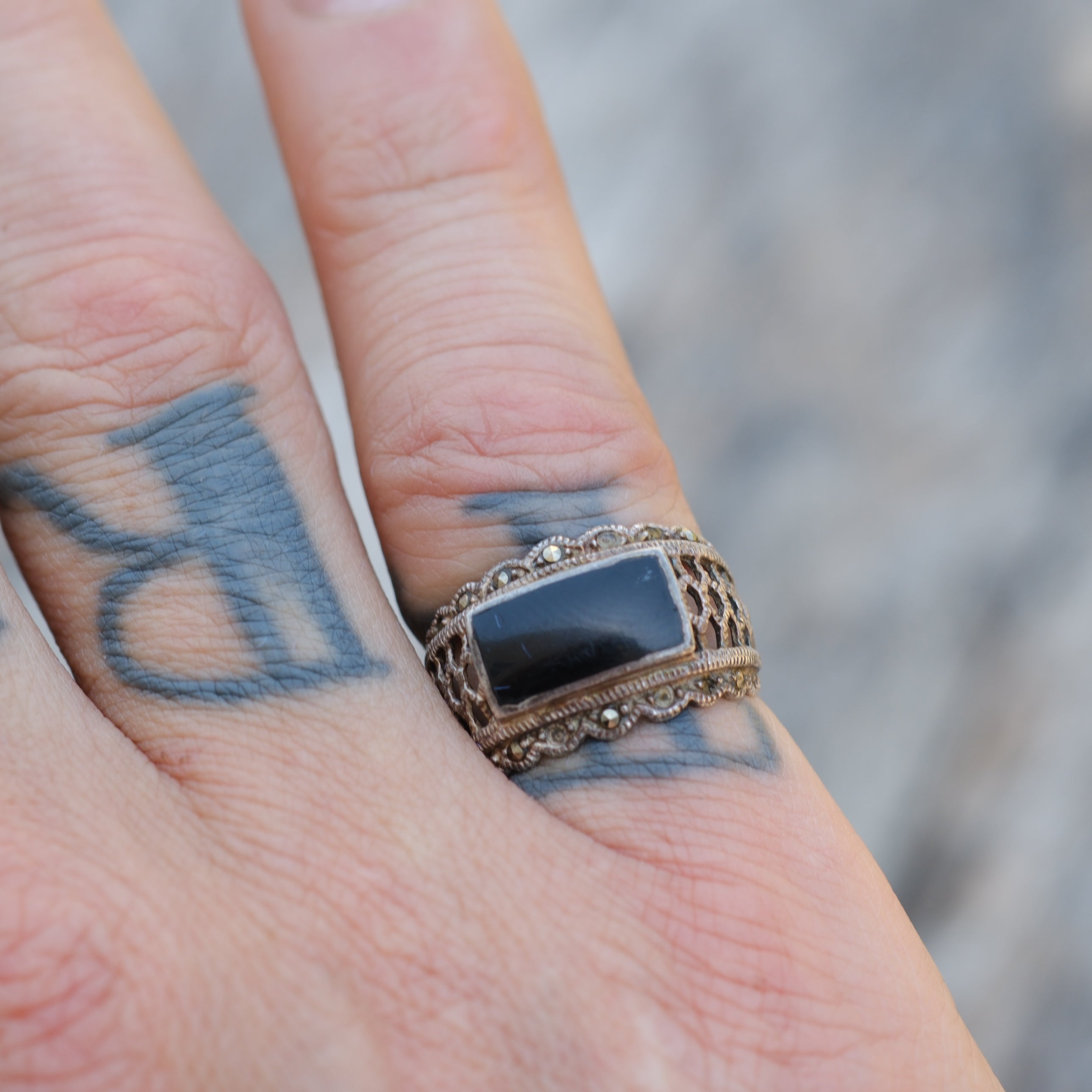 Vintage Sterling Onyx Marcasite Ring 5.5