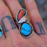 Vintage Sterling Turquoise and Coral Feather Ring 8